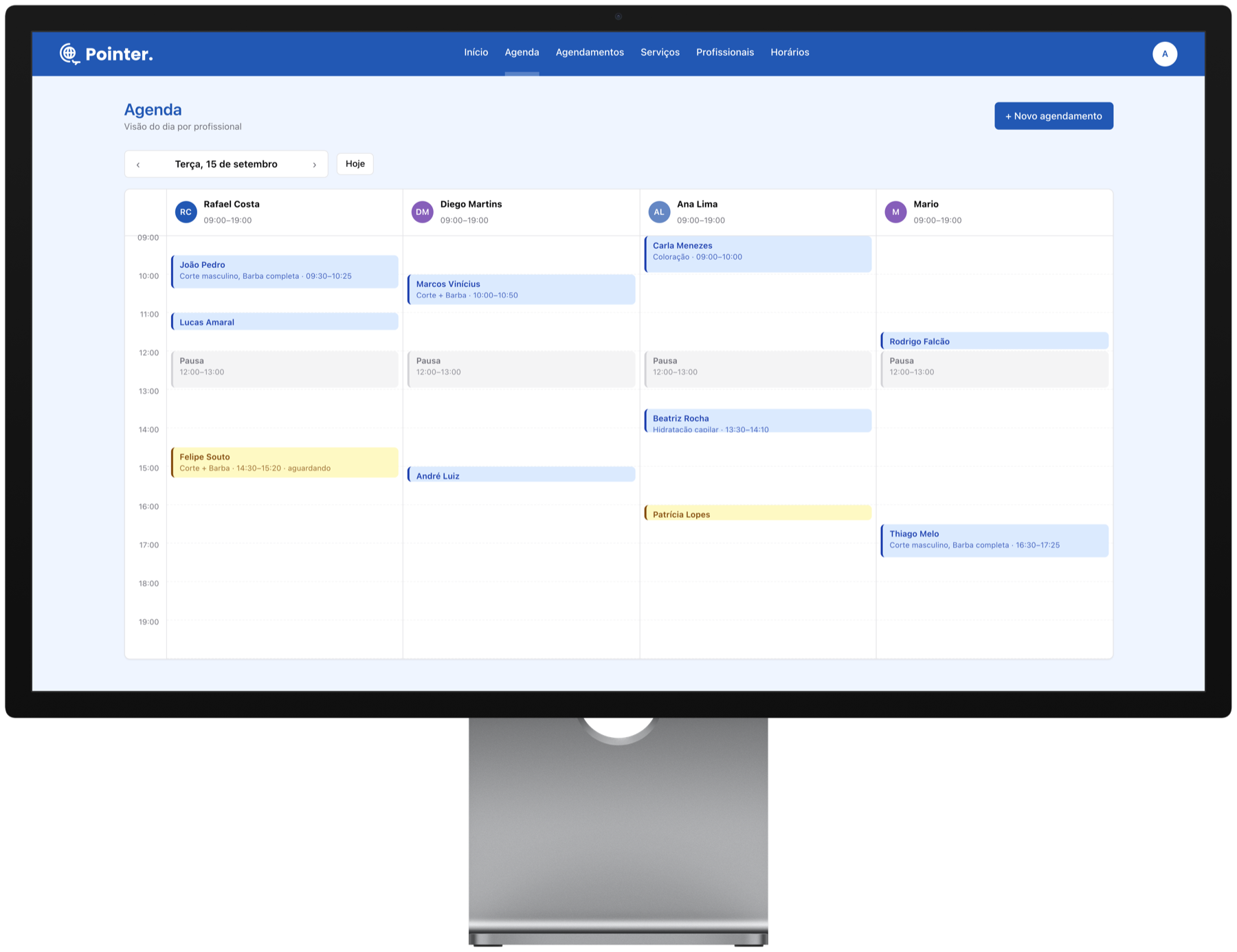 Agenda do dia por profissional no painel web