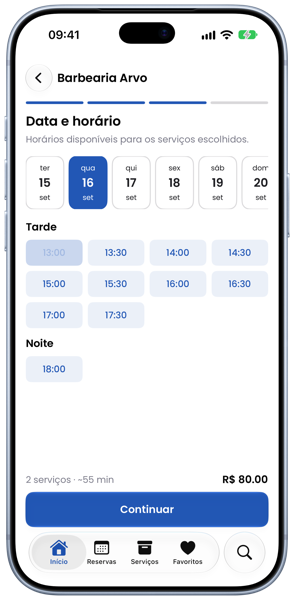 Escolha de data e horário no app
