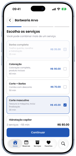 Escolha dos serviços no app